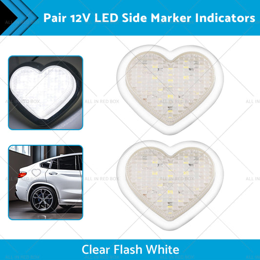 Heart Pair 12V LED Side Marker Indicators Clear Flash White