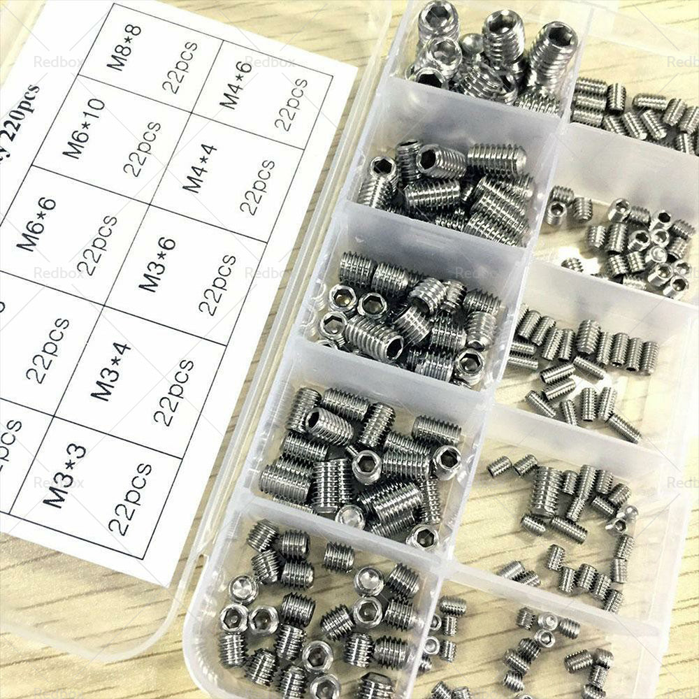 220Pcs Stainless Steel Allen Head Socket Set Grub Screws Assortment Kit