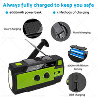 4000mAh Emergency Solar Hand Crank Weather Radio Power Bank Charger Flashlight