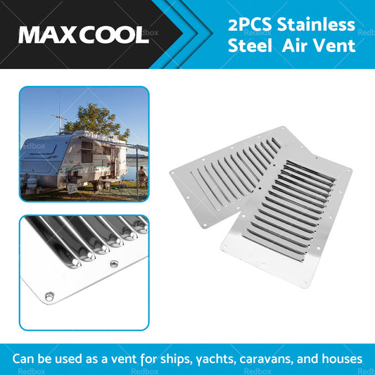 2 x Stainless Steel Rectangular 14 Louvre Air Vent, Caravan, Boat, Wall Eave