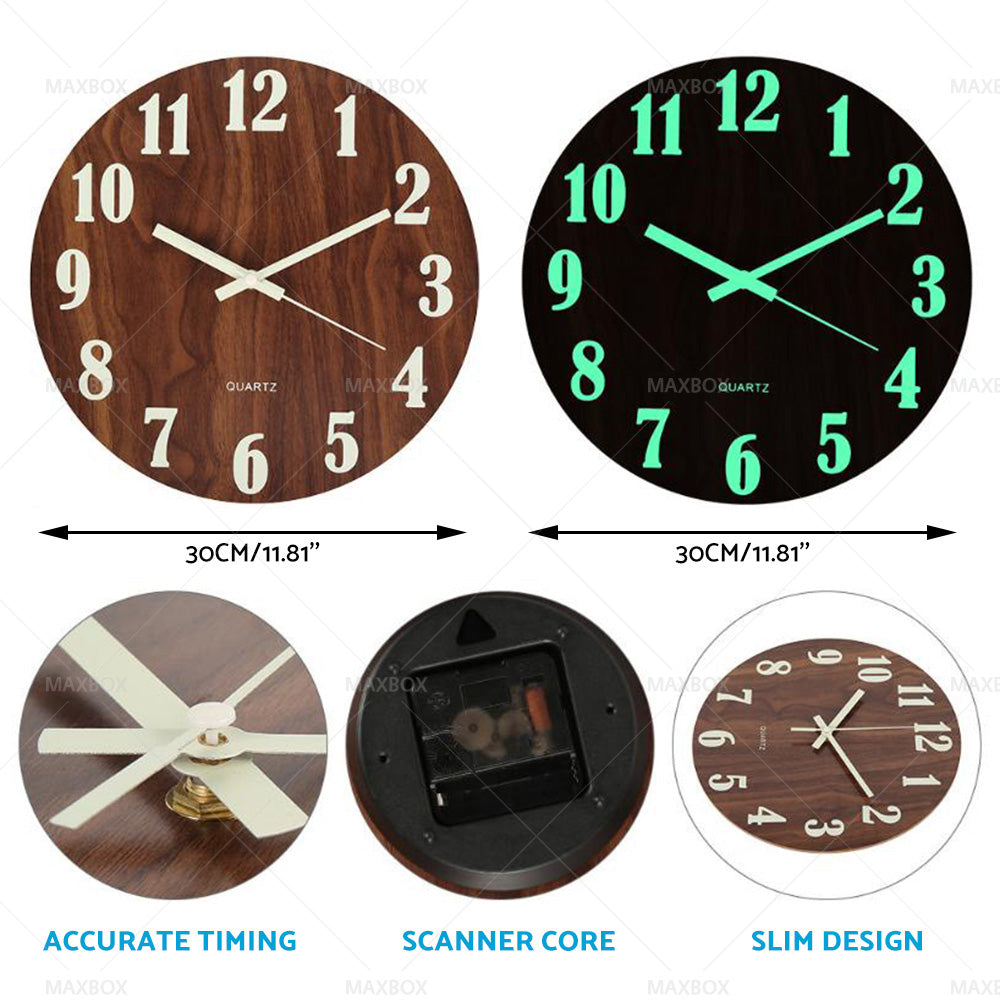 12'' Luminous Wall Clock Glow In The Dark Silent Quartz Indoor Home Modern Clock