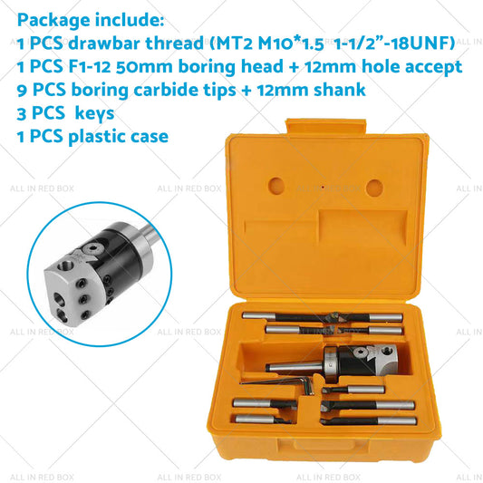 1 Set 12mm Boring Head and 9PCS 12mm Carbide Boring Tips with MT3 M12 1-1 or 2-18 Shank