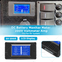 50-300A LCD Display DC Battery Monitor Meter 200V Voltmeter Amp For RV System