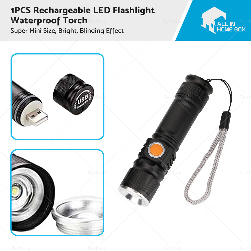 1pcs Black USB Rechargeable LED Flashlight Waterproof Torch Outdoor