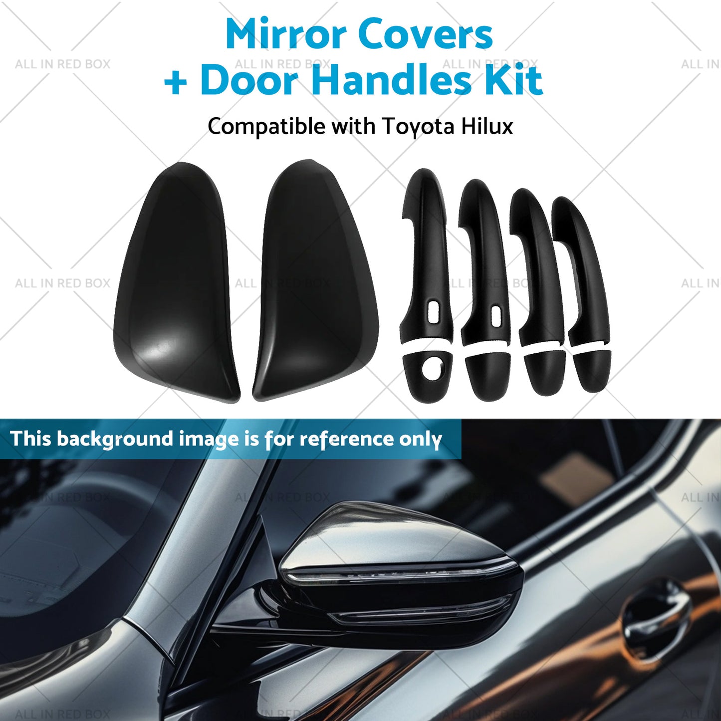 Black Mirror Covers  Door Handles Kit Suitable for Toyota Hilux 2015 - 2023