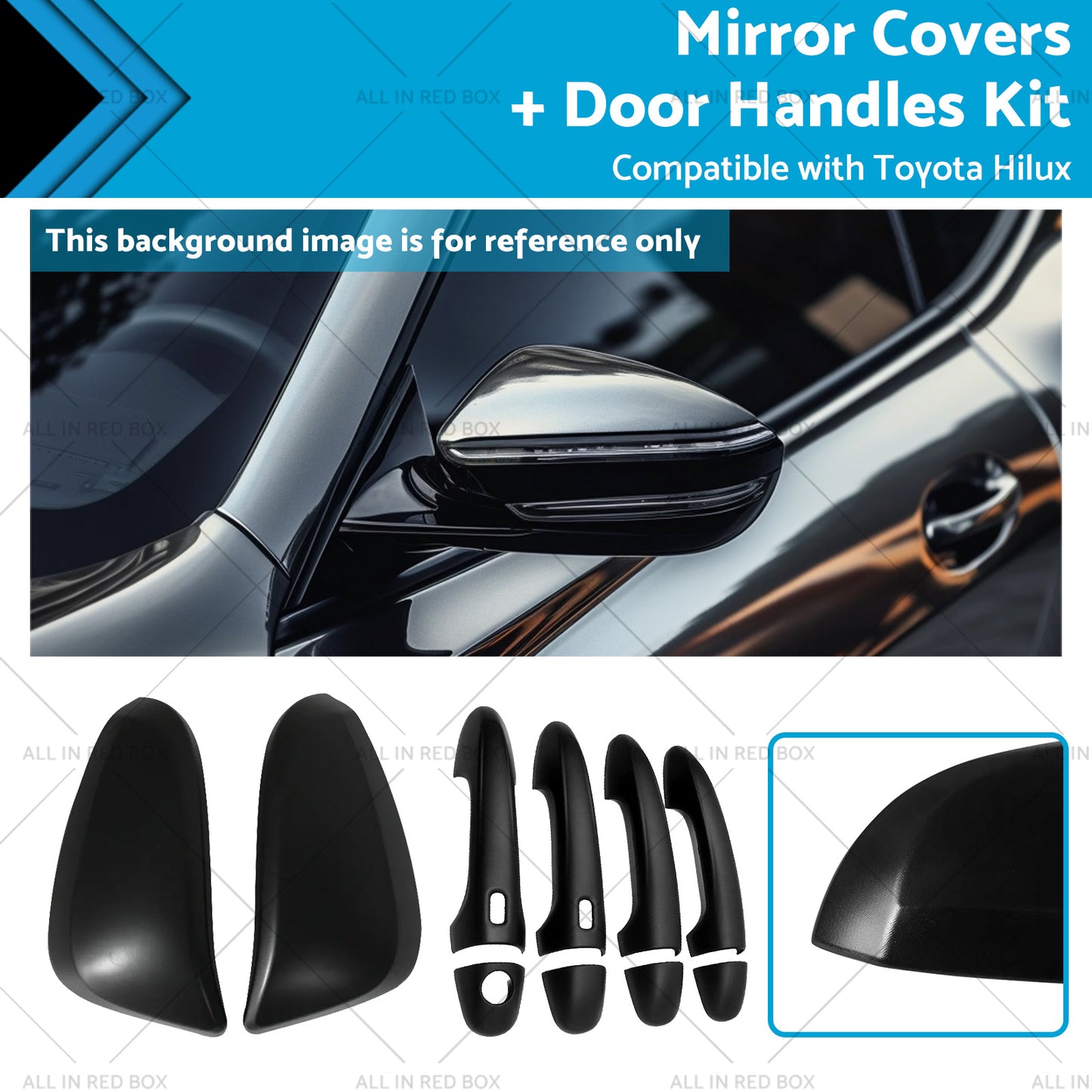 Black Mirror Covers  Door Handles Kit Suitable for Toyota Hilux 2015 - 2023