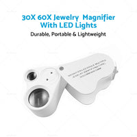 30X 60X Jewelry Loupe LED Lighted Illuminated Jewelers Eye Loop 2 Lens Magnifier