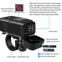 {{ Dual USB Port Motorcycle Fast Charger Socket LED Voltmeter Display ON OFF Switch }} - Buy Car Parts Online at {{ Kaka Auto Parts }}.