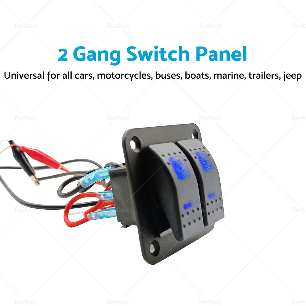 2 Gang Blue LED Light Rocker Switch Panel Dual LED Boat Car Waterproof