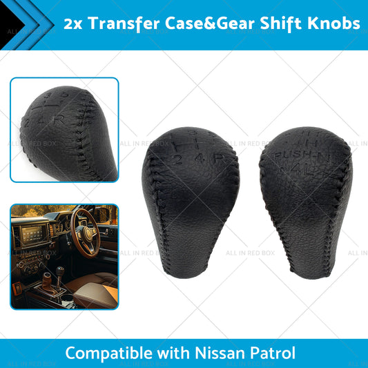 Black 2x Leather Transfer Case and Gear Shift Knobs Suitable for Nissan Patrol GQ GU