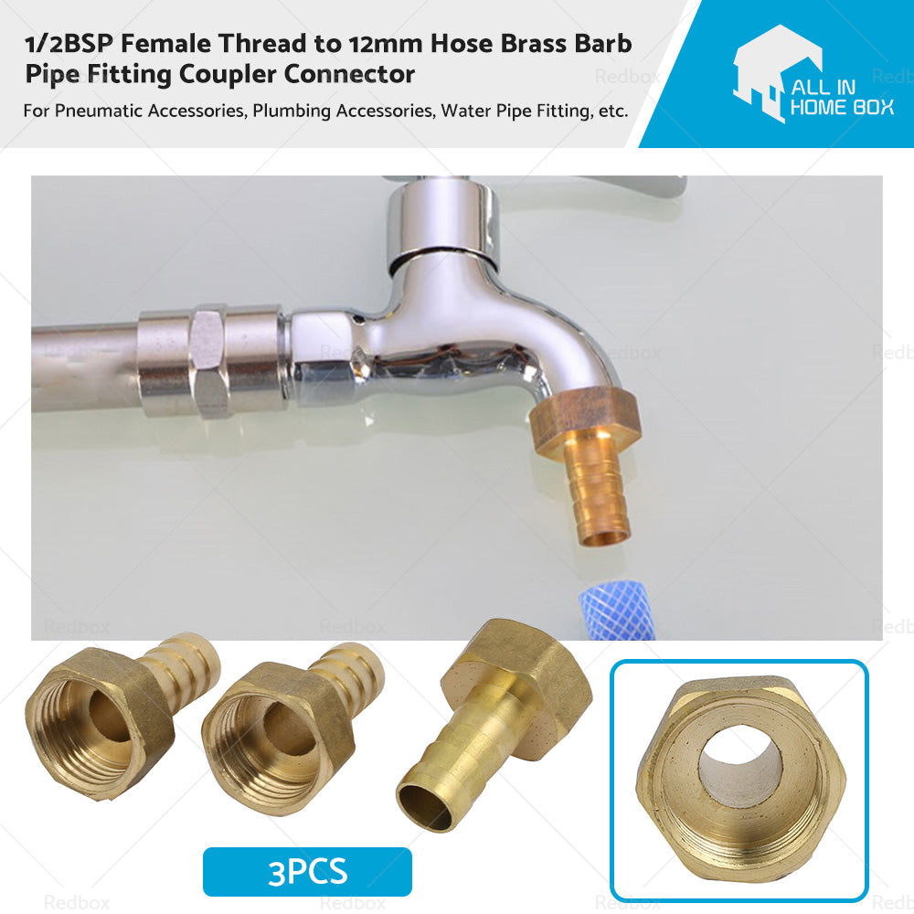 3pcs 1 or 2BSP Female Thread to 12mm Hose Brass Barb Pipe Fitting Coupler Connector