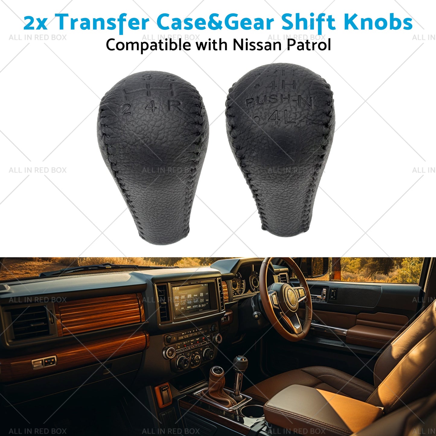 Black 2x Leather Transfer Case and Gear Shift Knobs Suitable for Nissan Patrol GQ GU