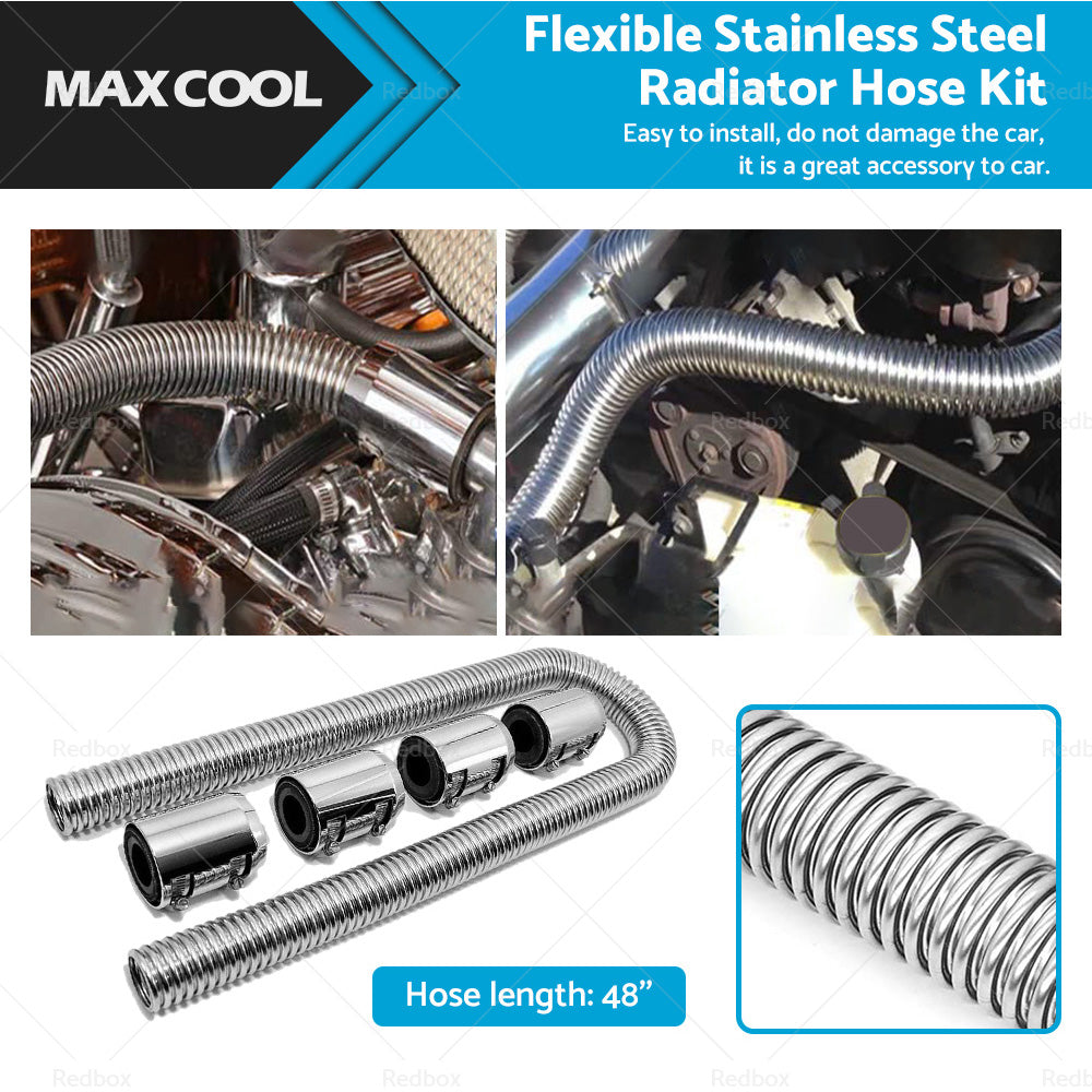 48inch Flexible Stainless Steel Radiator Hose Kit with Chrome Caps Car Polished