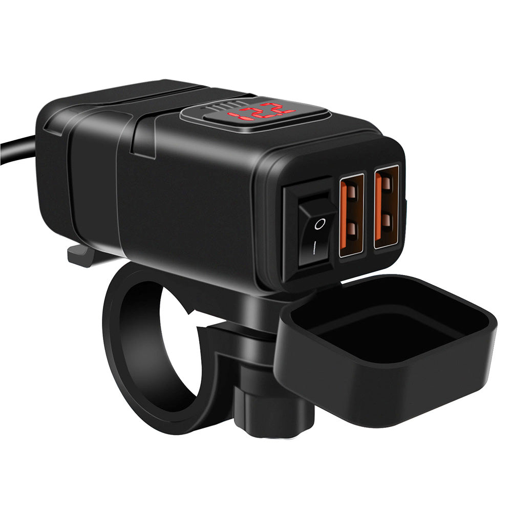 Dual USB Port Motorcycle Fast Charger Socket Suitable For Motorcycles ¡§C With LED Voltmeter Display & ON/OFF Switch