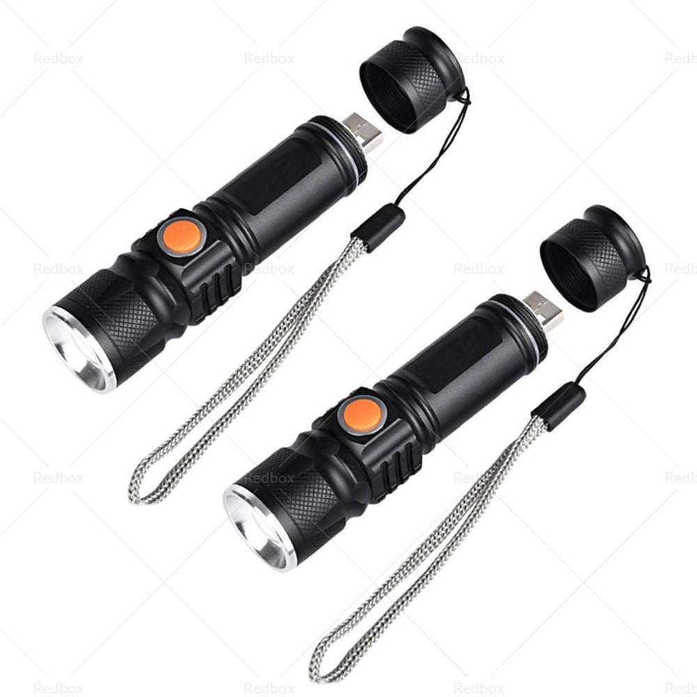 2PCS USB Rechargeable LED Flashlight Waterproof Torch Black