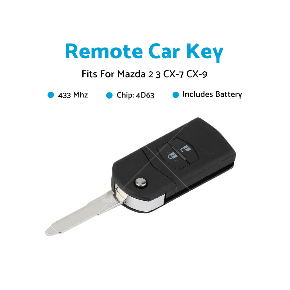 2 Button Remote Car Key 4D63 Chip 433 MHz Fits For Mazda 2 3 CX-7 CX-9 SKE126-01