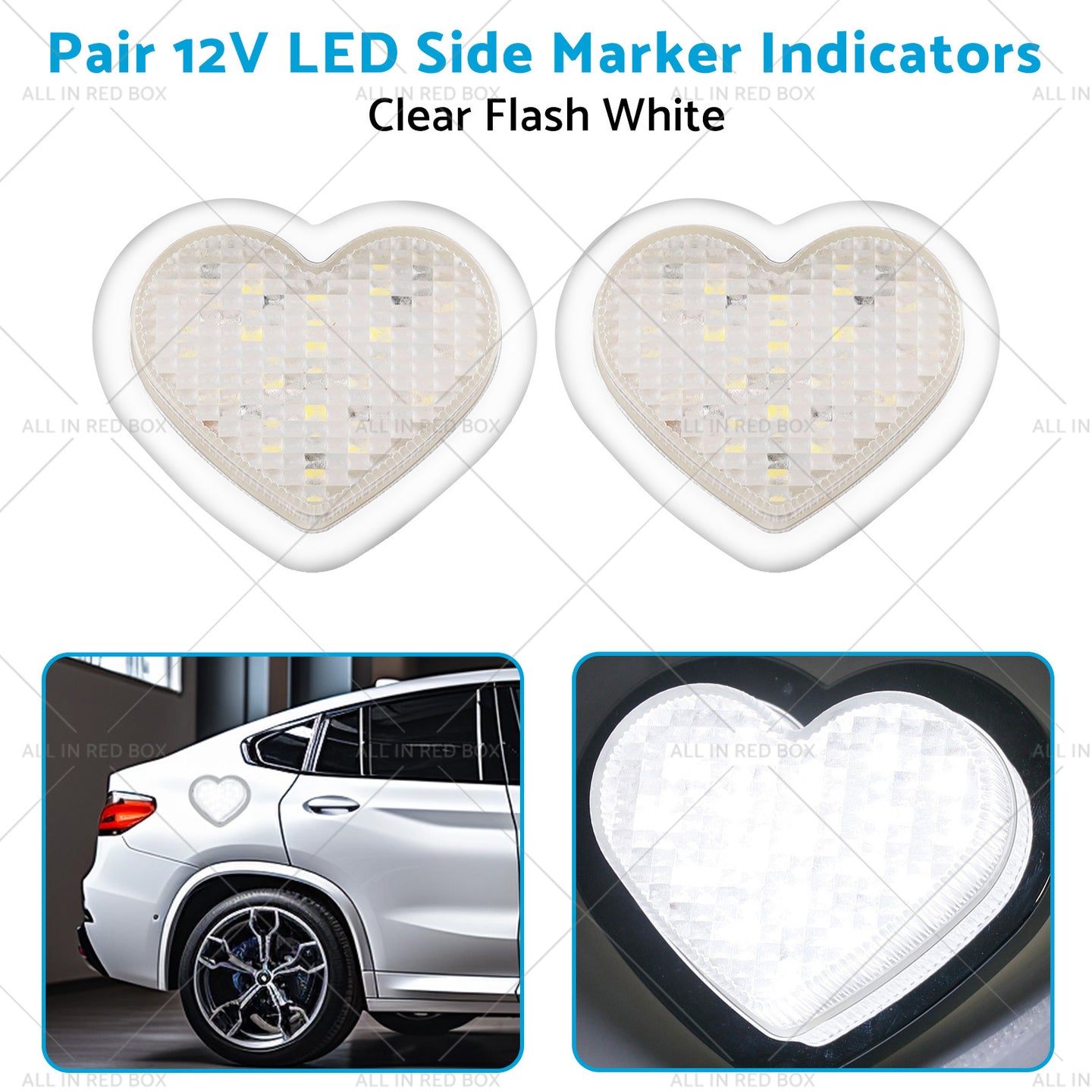 {{ Heart Pair 12V LED Side Marker Indicators Clear Flash White }} - Buy Car Parts Online at {{ Kaka Auto Parts }}.