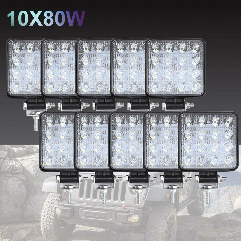 10x 4inch Flood LED Work Lights 80W 12V Square IP68 Suitable For Vehicle/Boat