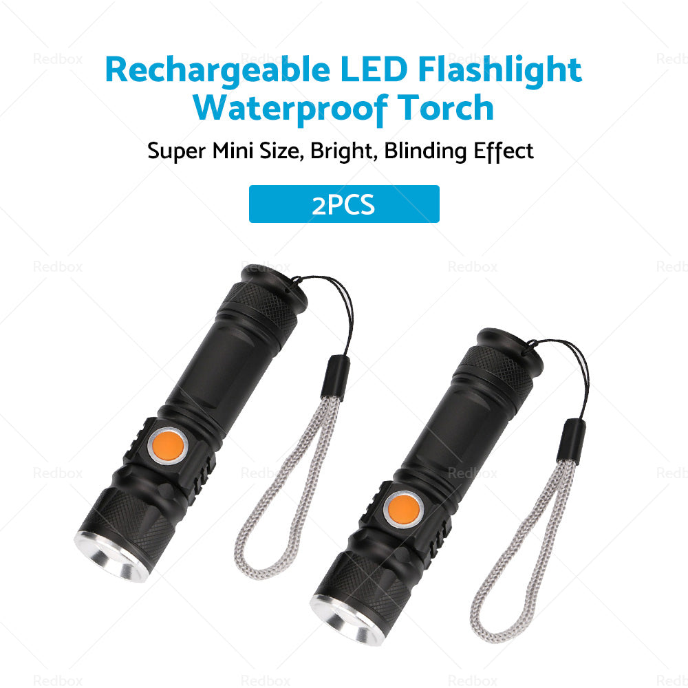 2PCS USB Rechargeable LED Flashlight Waterproof Torch Black