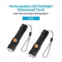 2PCS USB Rechargeable LED Flashlight Waterproof Torch Black