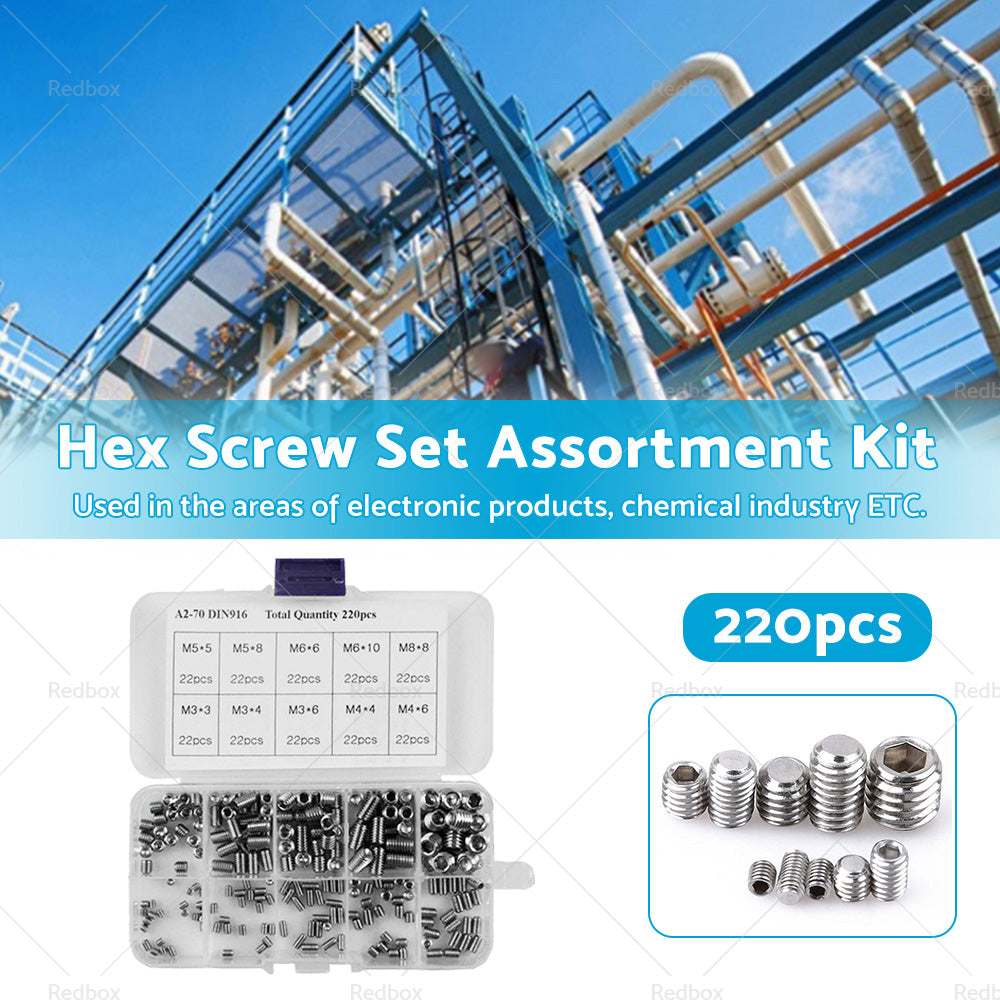 220Pcs Stainless Steel Allen Head Socket Set Grub Screws Assortment Kit