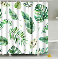 Bathroom Fabric Shower Curtain 12 Hook Set Water Resistant Tropical Plants Panel