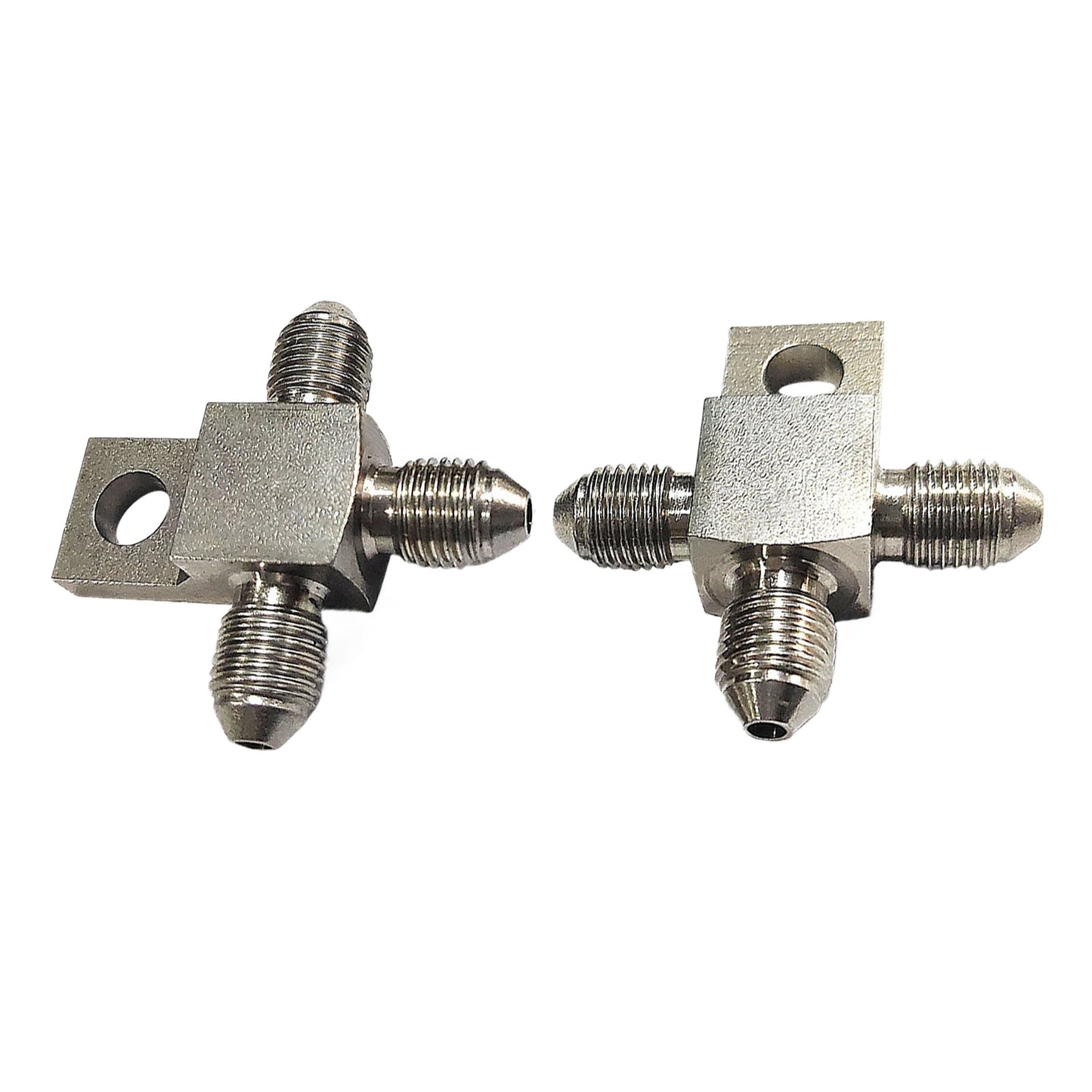 Pair of Stainless Steel - 3 AN Male Brake Hose Tee Blocks with Mounting Tab