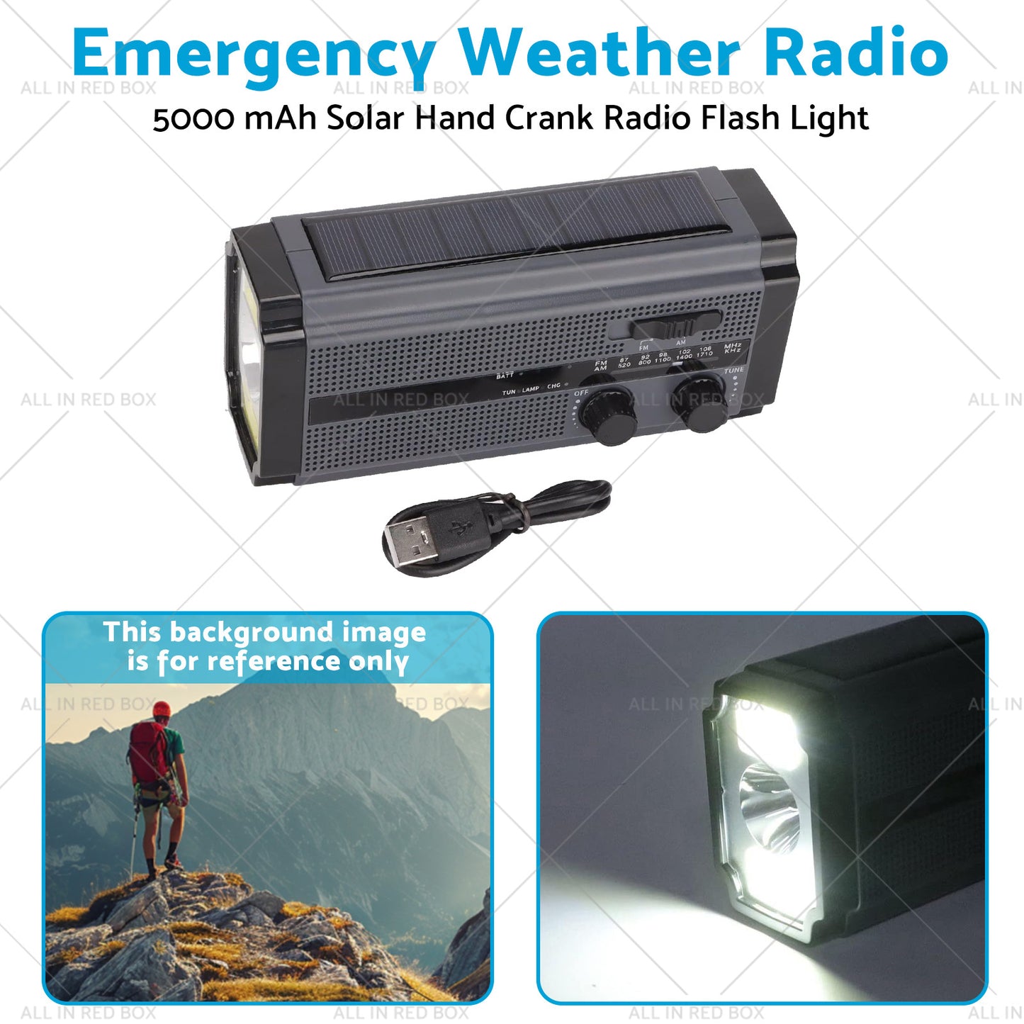 Solar Hand Crank Radio Emergency Weather 5000mAh Power Bank Flash Light Black