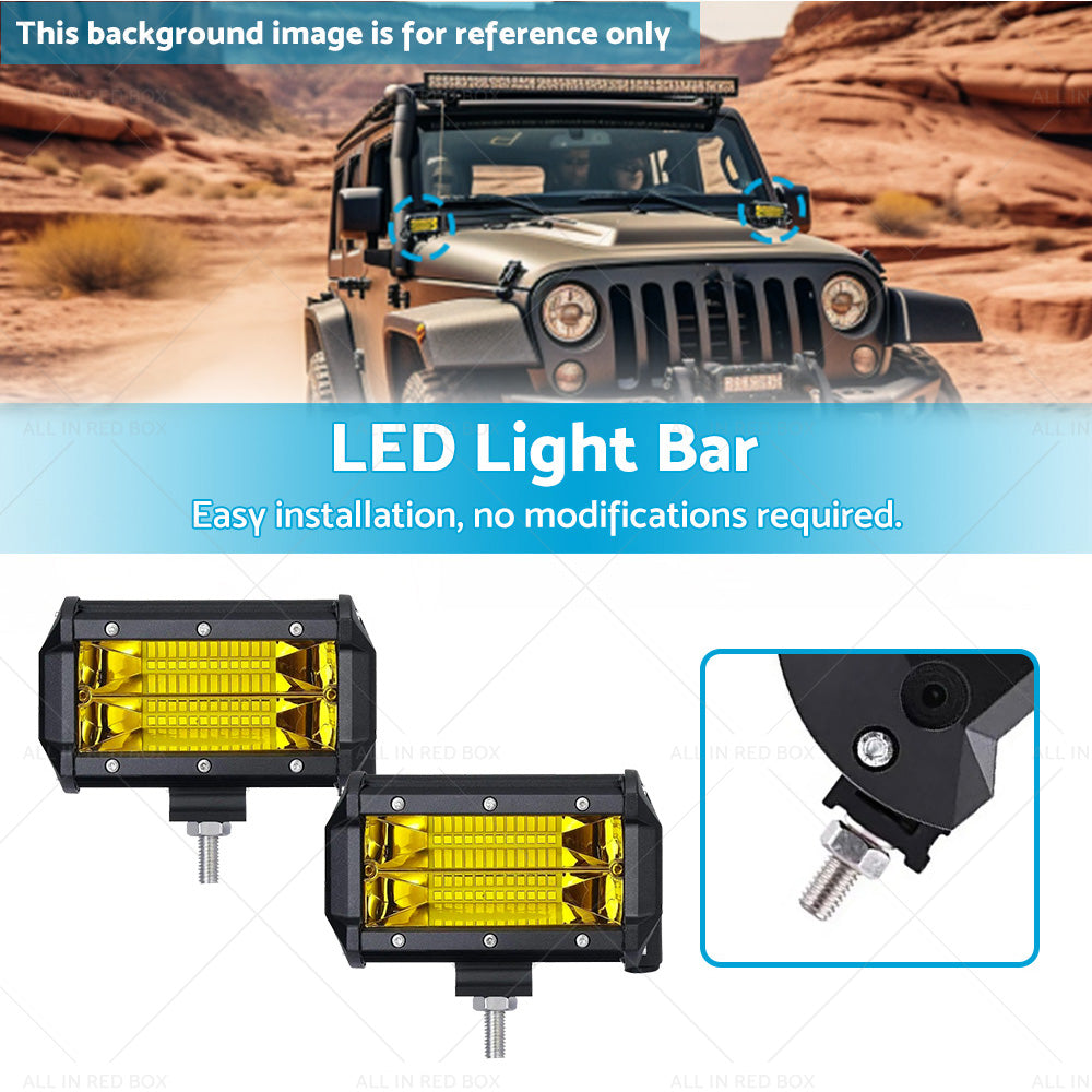 2x 5inch Flood LED Light Bar Offroad Work Driving Fog Lamp Yellow Cree Spread