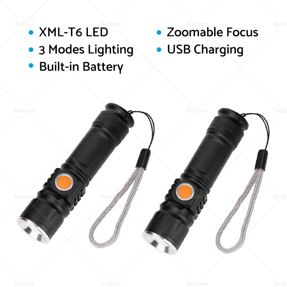 2PCS USB Rechargeable LED Flashlight Waterproof Torch Black