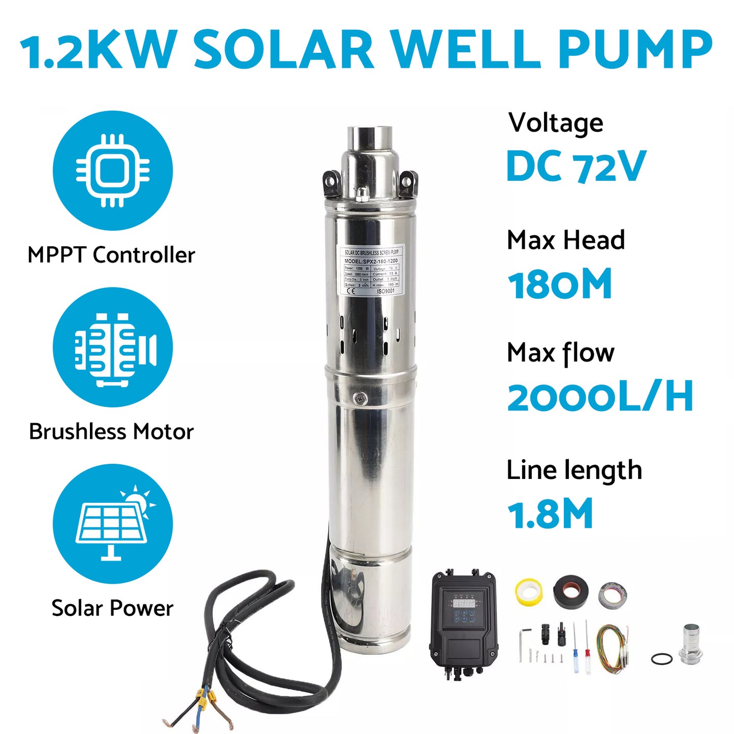 {{ 3in 72V 1.2KW Solar Bore Pump Submersible Deep Well MPPT Screw Head 180M }} - Buy Car Parts Online at {{ Kaka Auto Parts }}.