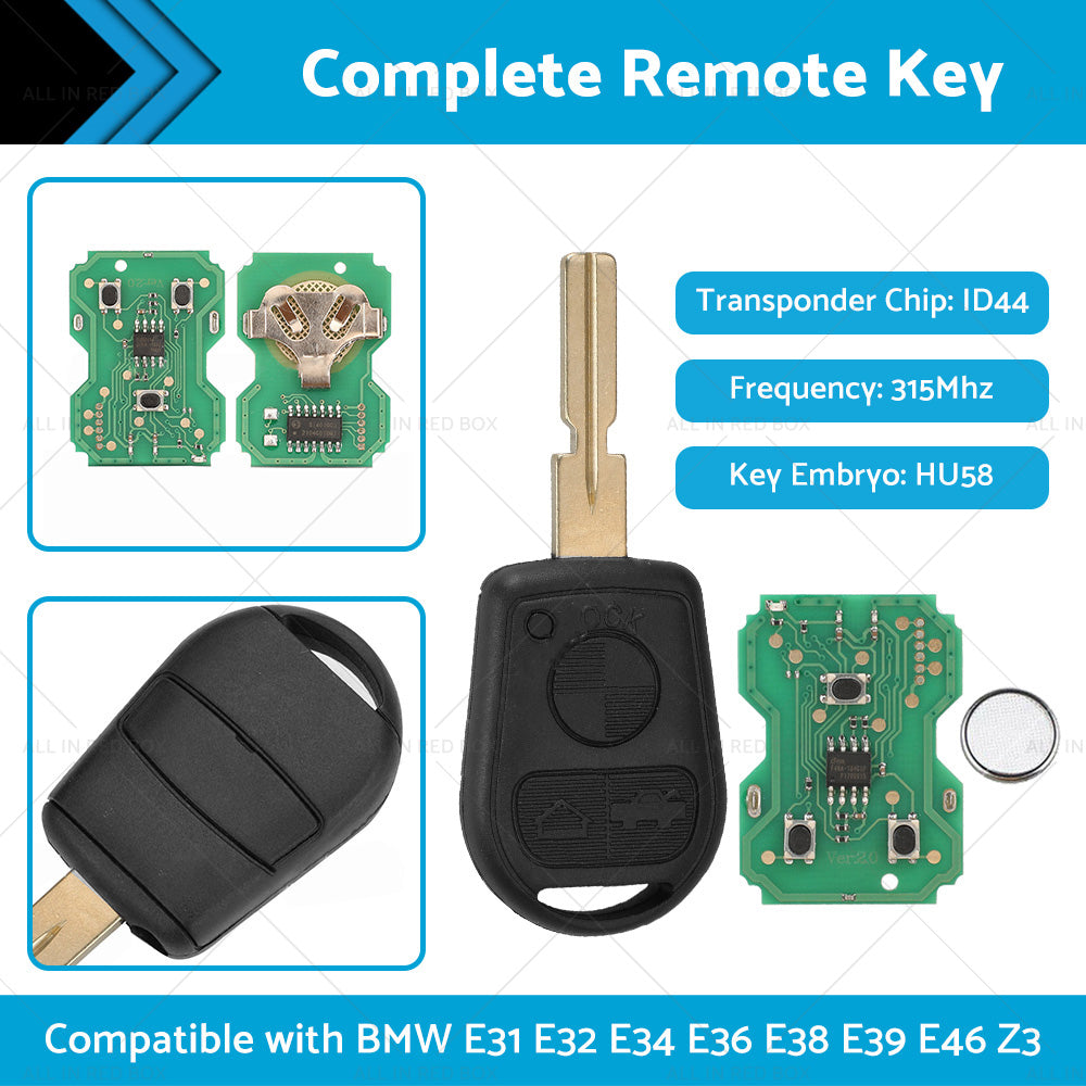 3 Button Complete Remote Key Suitable For BMW E31 E32 E34 E36 E38 E39 E46 Z3