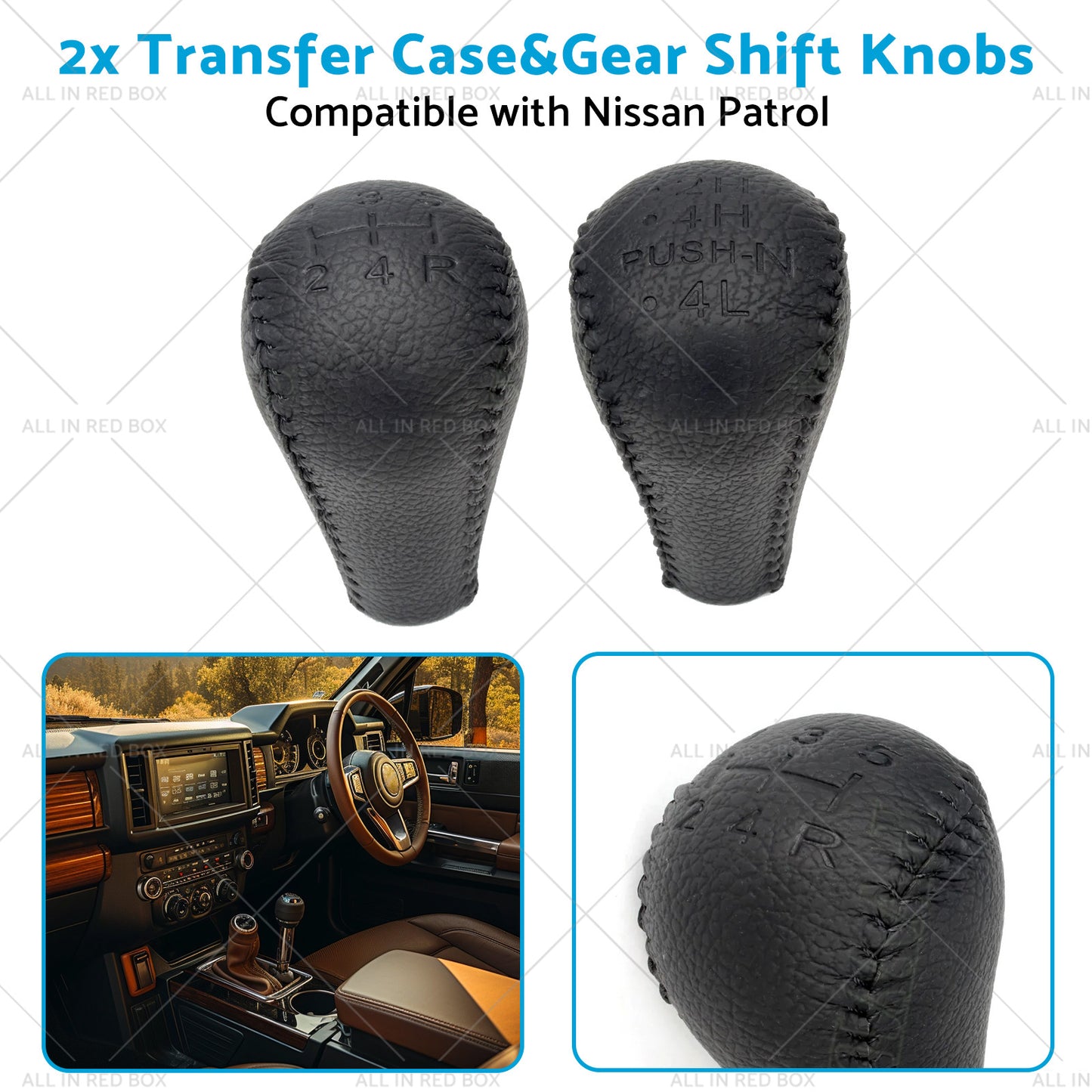 Black 2x Leather Transfer Case and Gear Shift Knobs Suitable for Nissan Patrol GQ GU