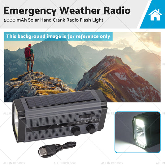 Solar Hand Crank Radio Emergency Weather 5000mAh Power Bank Flash Light Black