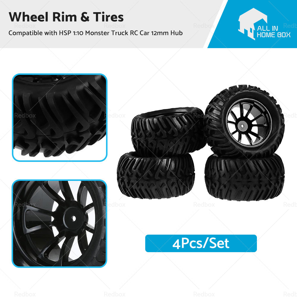 4x Wheel Rim  and  Tires Suitable For HSP 1 10 Monster Truck RC Car 12mm Hub