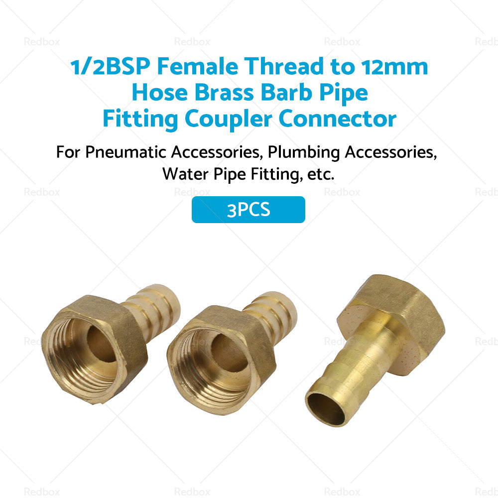 3pcs 1 or 2BSP Female Thread to 12mm Hose Brass Barb Pipe Fitting Coupler Connector