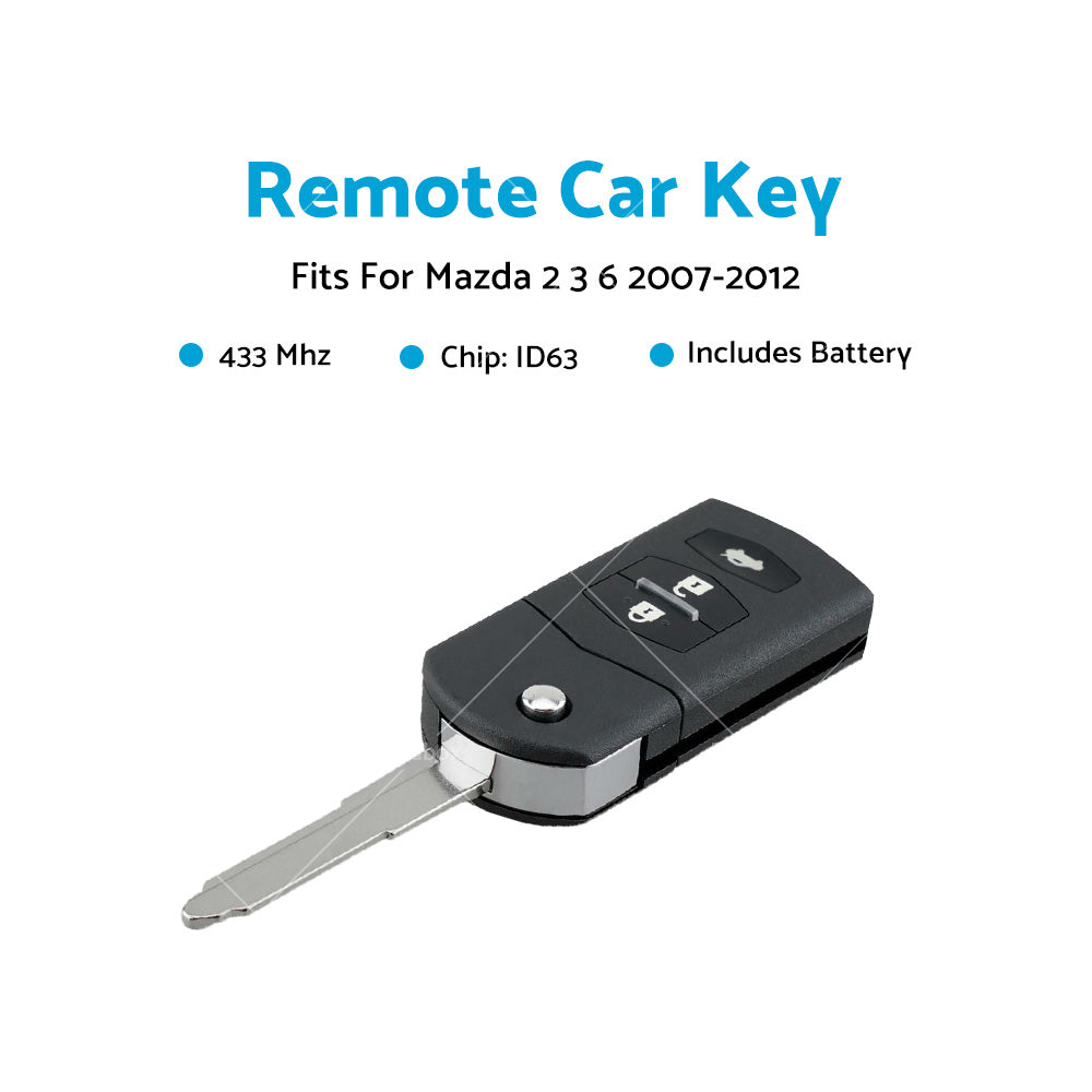 3 Buttons Complete Remote Car Key 433MHz ID63 80Bit Chip Fits For Mazda 2 3 6