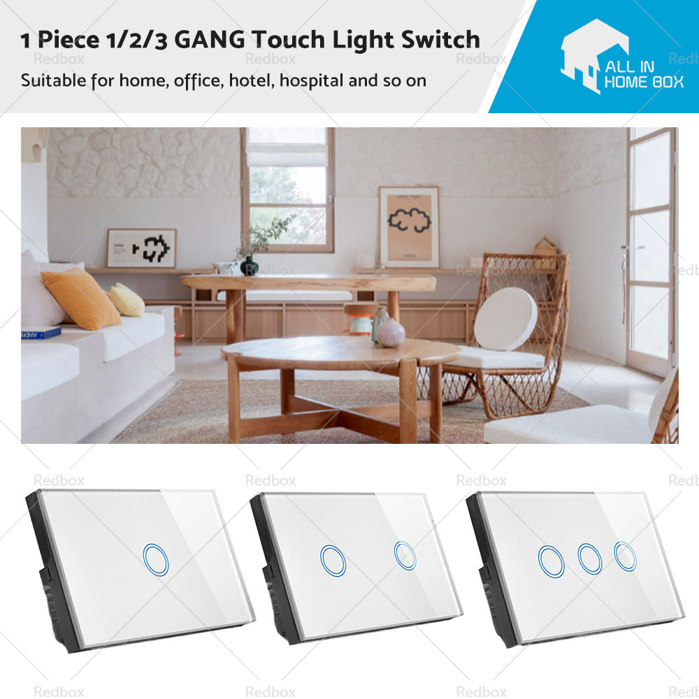 1Piece 1/2/3 Gang Touch Wall Light Switch LED 1 Way Touch Glass Switch