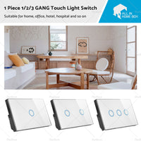 1Piece 1/2/3 Gang Touch Wall Light Switch LED 1 Way Touch Glass Switch