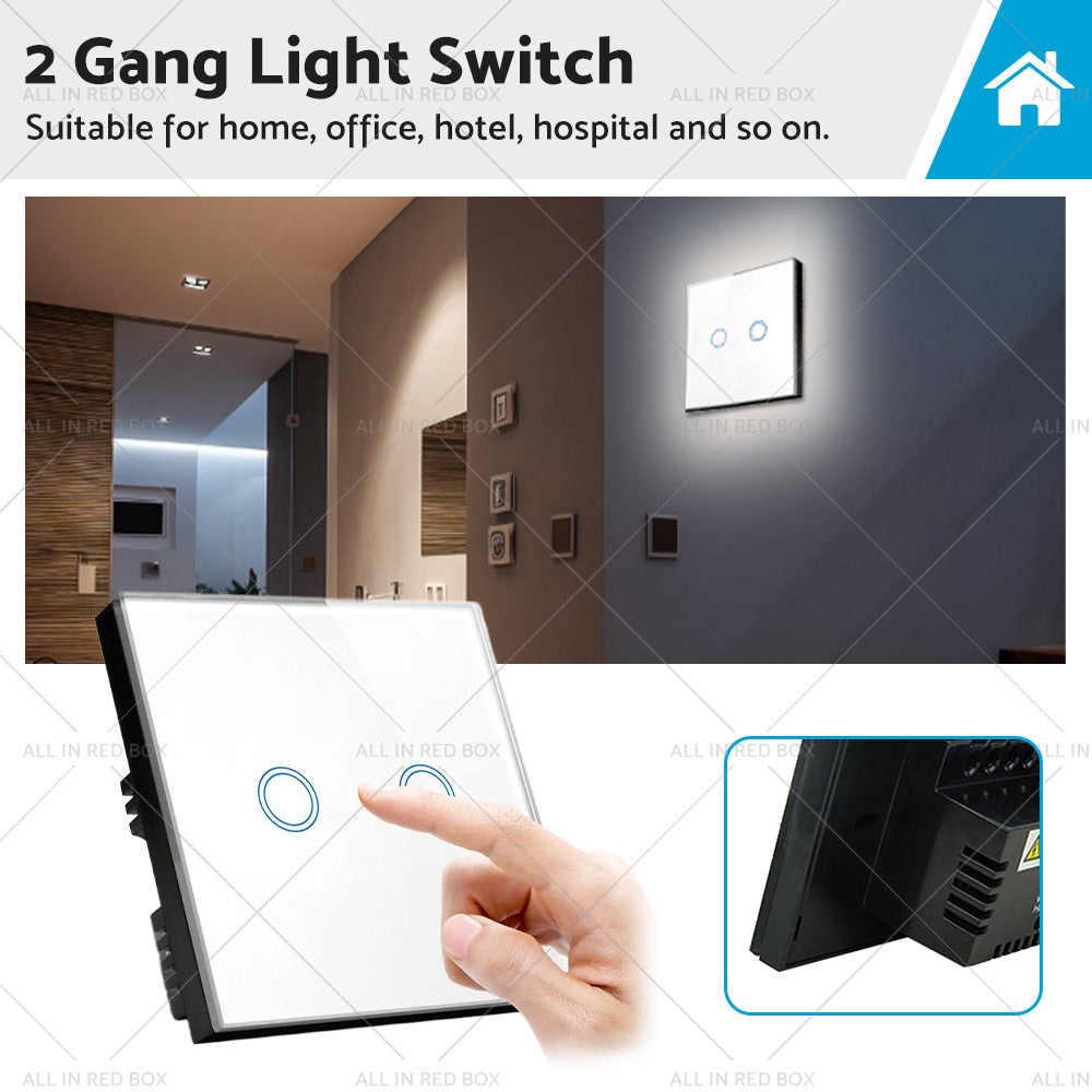 87x87mm Touch Wall Light Switch LED 2 Gang 1way Touch Glass Switch