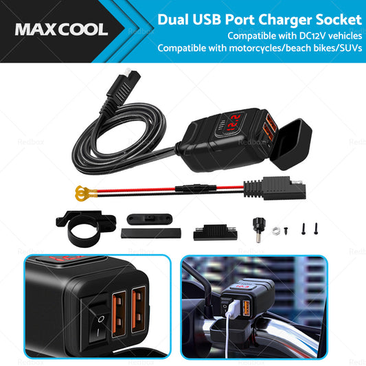 Dual USB Port Motorcycle Fast Charger Socket LED Voltmeter Display ON OFF Switch