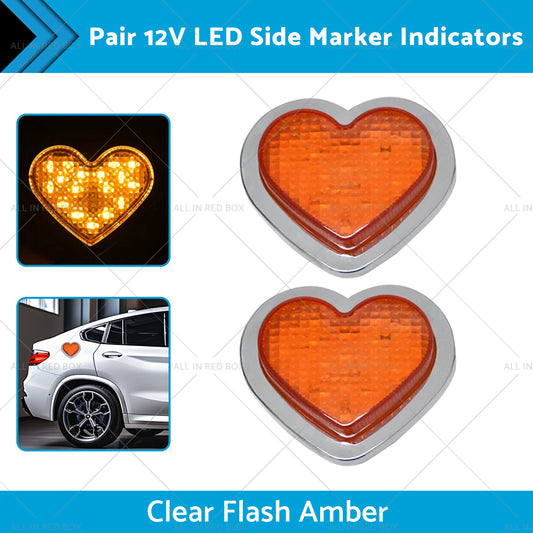 Heart Pair 12V LED Side Marker Indicators Clear Flash Amber