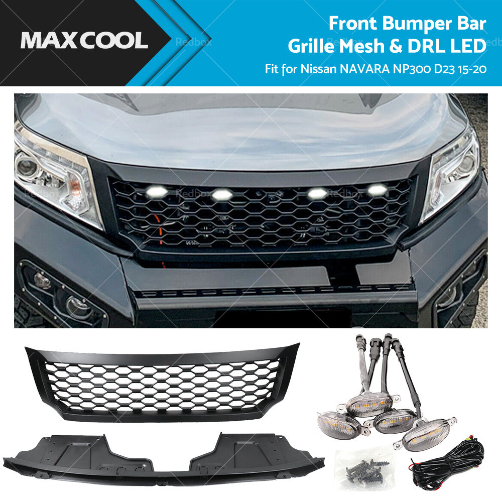 Black Bumper Bar Grille Mesh  and  LED Light Fits for Nissan NAVARA NP300 D23 15-20