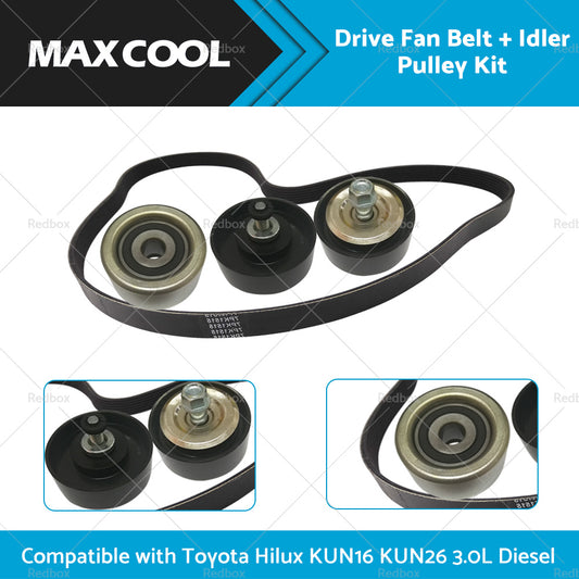 Drive Fan Belt + Idler Pulley Kit Compatible with Hilux 3.0L Diesel 1KD-FTV KUN16 KUN26