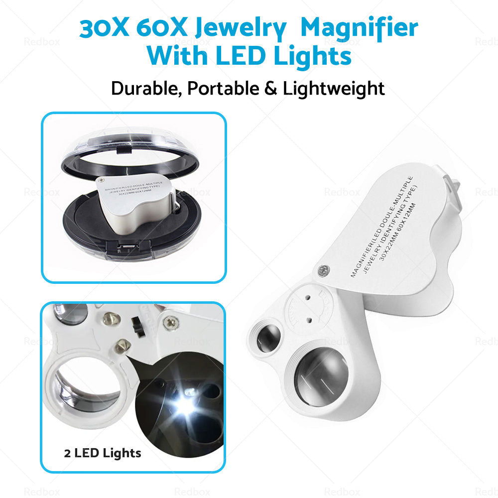 30X 60X Jewelry Loupe LED Lighted Illuminated Jewelers Eye Loop 2 Lens Magnifier