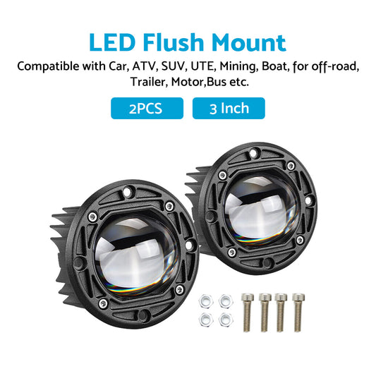 2x 3inch Flush Mount LED Work Light Bar Reverse Fog Lamp 4WD White Yellow 8D Len
