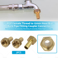 3pcs 1 or 2BSP Female Thread to 12mm Hose Brass Barb Pipe Fitting Coupler Connector