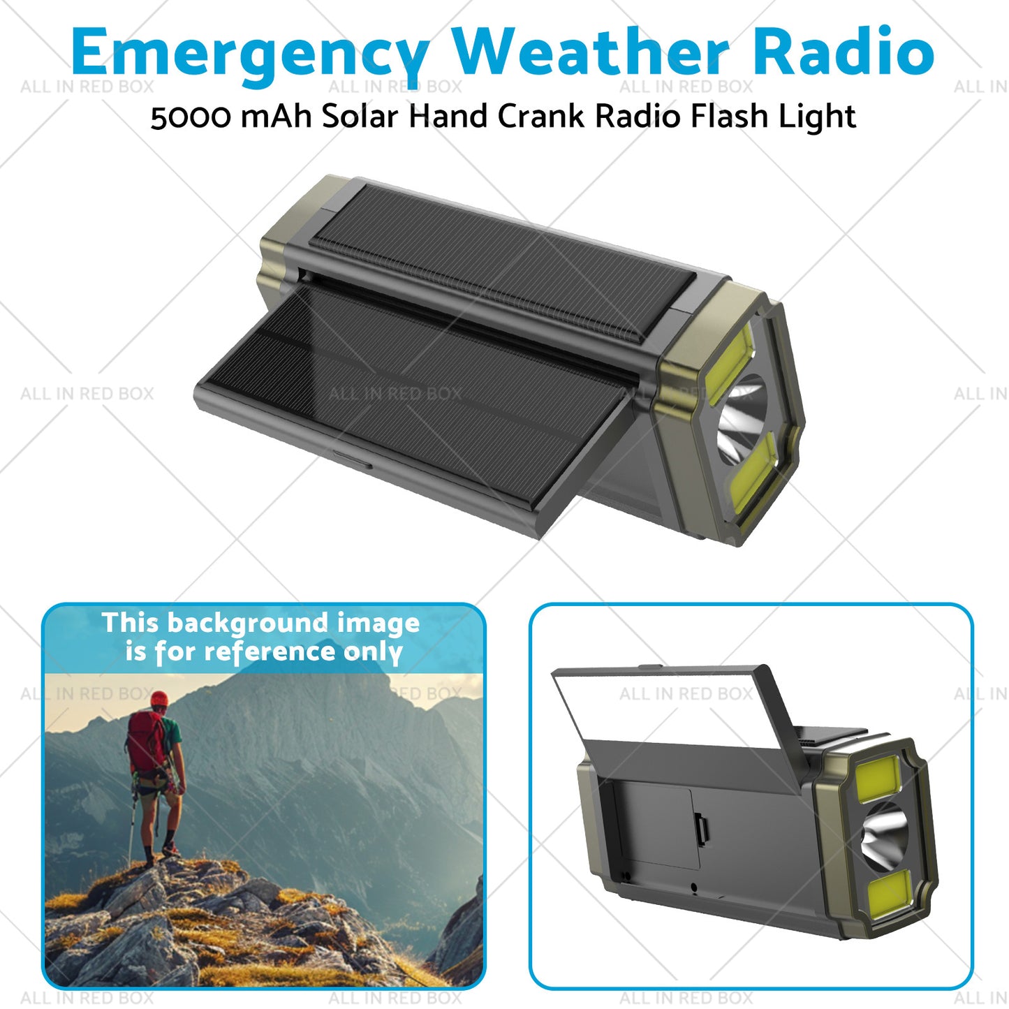 Solar Hand Crank Radio Emergency Weather 5000mAh Power Bank Charger Flash Light