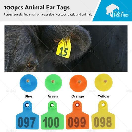 100x Small 5x4cm Livestock Ear Tags Plastic Numbered for Sheep, Cows, Pigs, Cattle